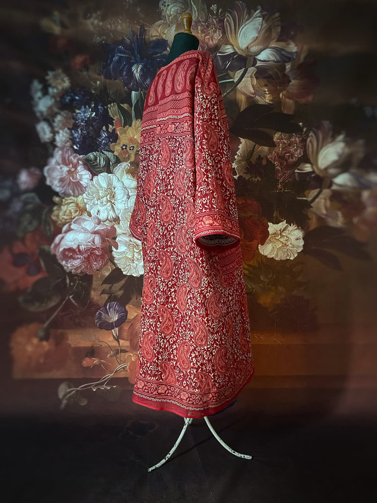 Block printed relaxed fit pure cotton kaftan inspired dress. Reversible design in blood red and indigo. Bohemian style sustainably created from vintage textiles by the Pavilion Parade studio.