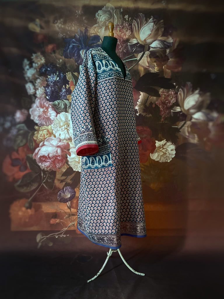 Block printed relaxed fit pure cotton kaftan inspired dress. Reversible design in blood red and indigo. Bohemian style sustainably created from vintage textiles by the Pavilion Parade studio.