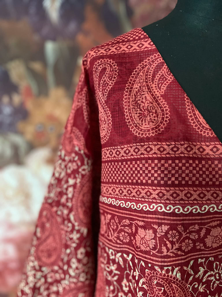 Block printed relaxed fit pure cotton kaftan inspired dress. Reversible design in blood red and indigo. Bohemian style sustainably created from vintage textiles by the Pavilion Parade studio.