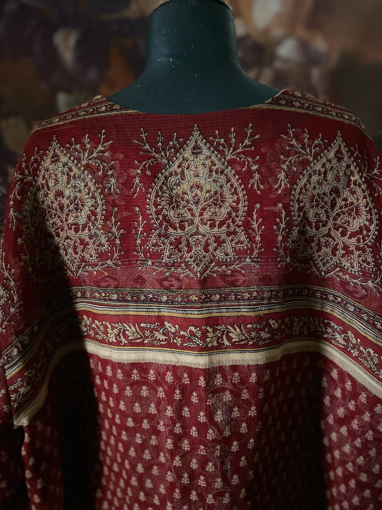 Deep burgundy red and ochre block printed kaftan inspired relaxed fit dress with wide sleeves and pockets. Bohemian style sustainably created from vintage textiles by the Pavilion Parade studio.. 