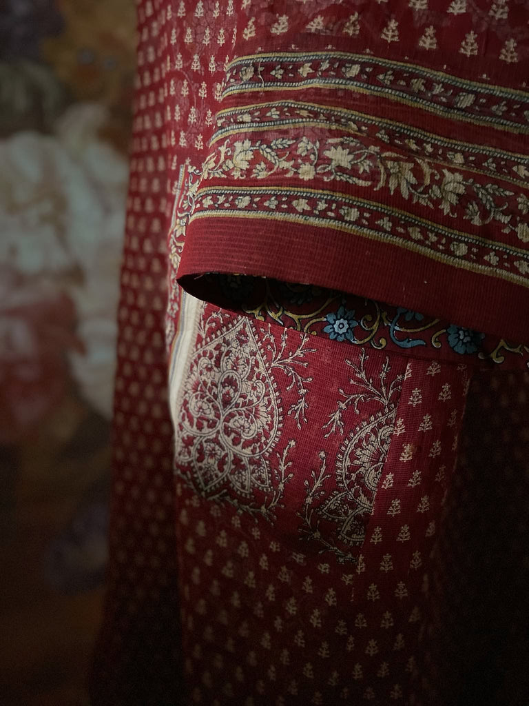 Deep burgundy red and ochre block printed kaftan inspired relaxed fit dress with wide sleeves and pockets. Bohemian style sustainably created from vintage textiles by the Pavilion Parade studio.. 