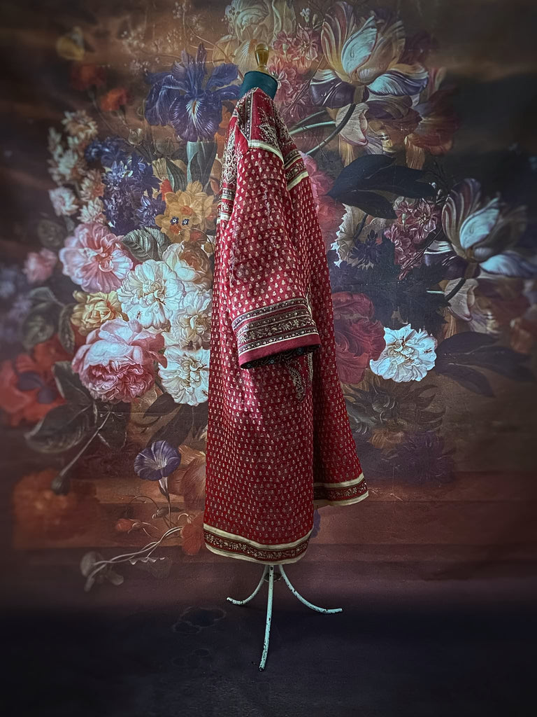 Deep burgundy red and ochre block printed kaftan inspired relaxed fit dress with wide sleeves and pockets. Bohemian style sustainably created from vintage textiles by the Pavilion Parade studio.. 