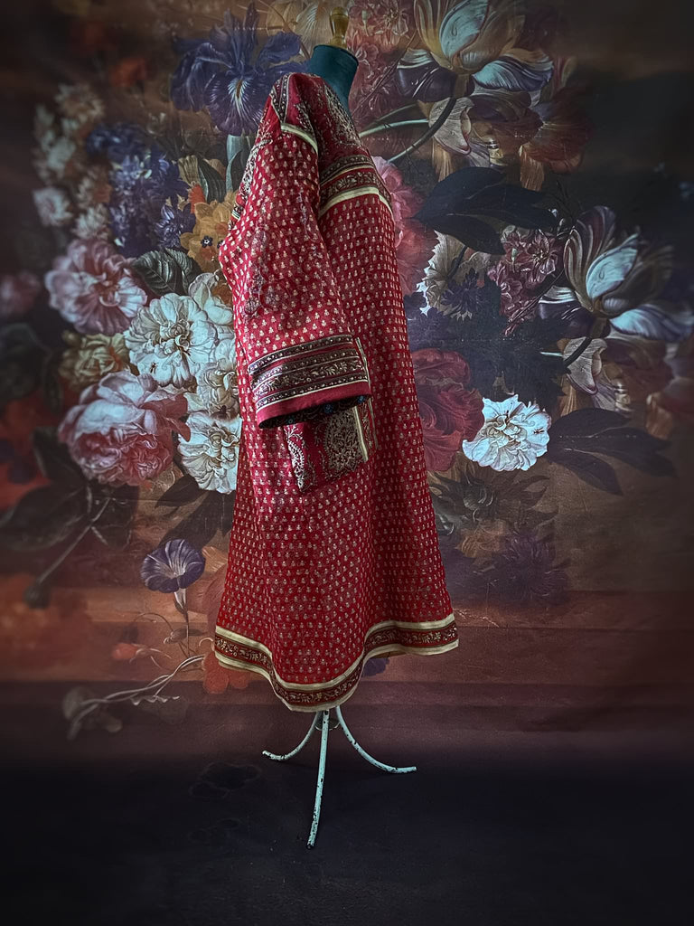 Deep burgundy red and ochre block printed kaftan inspired relaxed fit dress with wide sleeves and pockets. Bohemian style sustainably created from vintage textiles by the Pavilion Parade studio.. 