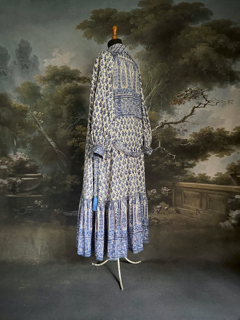 Wedgewood blue and white block printed long dressing robe with bishop sleeves, pockets and tassel sash. Romantic bohemian styles sustainably created from antique and vintage textiles by the Pavilion Parade studio.