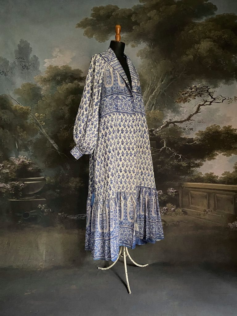 Wedgewood blue and white block printed long dressing robe with bishop sleeves, pockets and tassel sash. Romantic bohemian styles sustainably created from antique and vintage textiles by the Pavilion Parade studio.