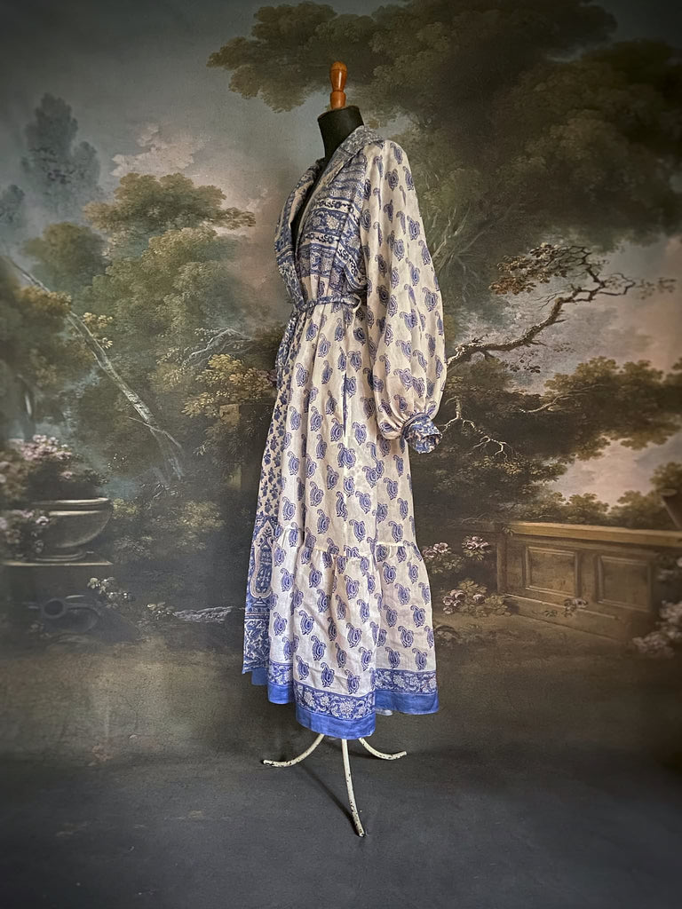 Wedgewood blue and white block printed long dressing robe with bishop sleeves, pockets and tassel sash. Romantic bohemian styles sustainably created from antique and vintage textiles by the Pavilion Parade studio.