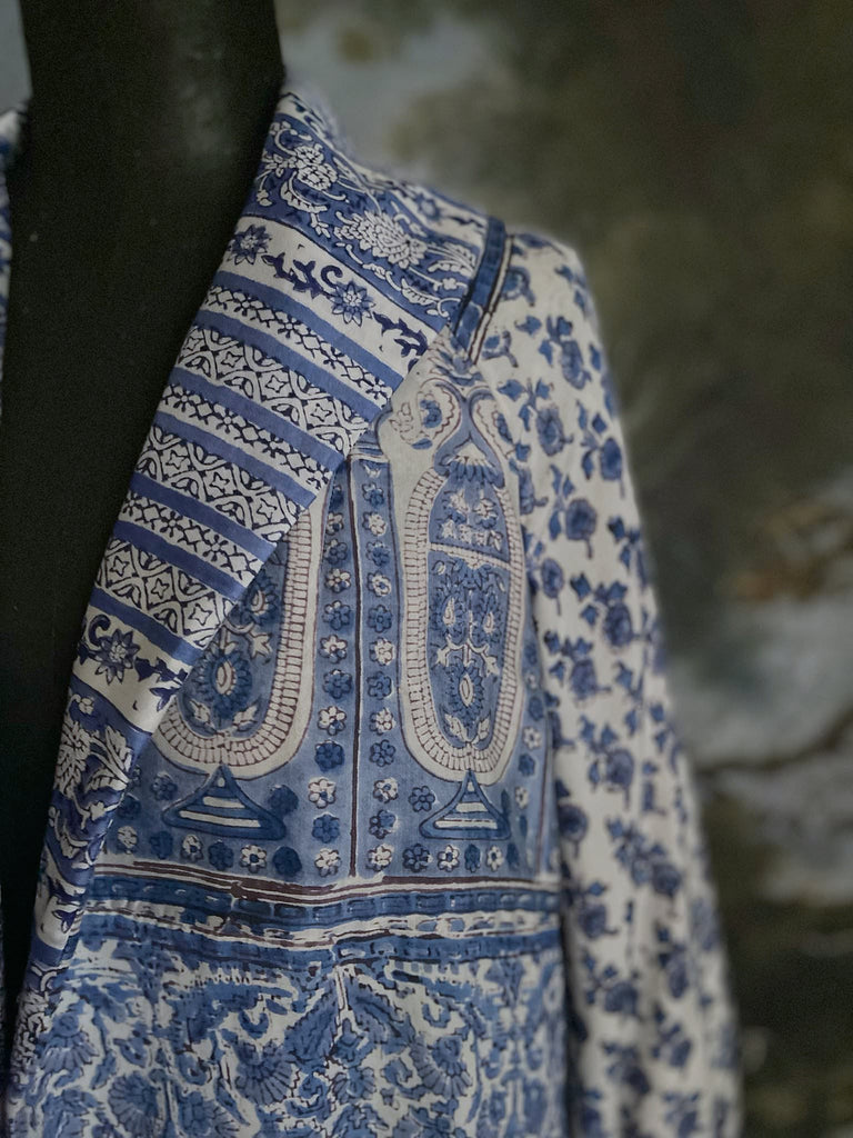 Wedgewood blue and white block printed long dressing robe with bishop sleeves, pockets and tassel sash. Romantic bohemian styles sustainably created from antique and vintage textiles by the Pavilion Parade studio.