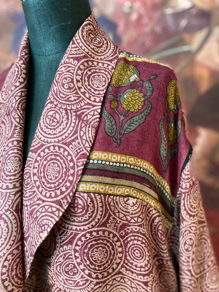 Dark burgundy red, ochre and ivory fine wool luxury dressing robe. Lined in silk and sustainably created from antique and vintage textiles by the Pavilion Parade studio.