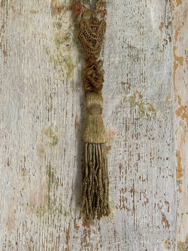 Aesthetic Movement inspired long silk sautoir necklace with antique tassel embellishment. Bohemian style from vintage textiles by Pavilion Parade. 