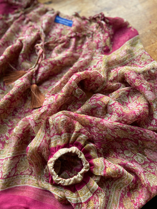 Rose pink & chartreuse silk chiffon blouse with long full sleeves and adjustable drawstring neckline. Bohemian styles sustainably created from antique and vintage textiles by the Pavilion Parade studio. 