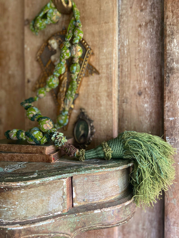 Aesthetic Movement inspired long silk sautoir necklace with antique tassel embellishment. Bohemian style from vintage textiles by Pavilion Parade. 