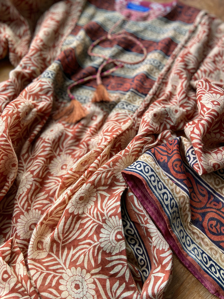 Reversible russet cotton kaftan maxi dress with pockets and wide sleeves. Unique bohemian styles created from antique and vintage textiles by the Pavilion Parade Studio.