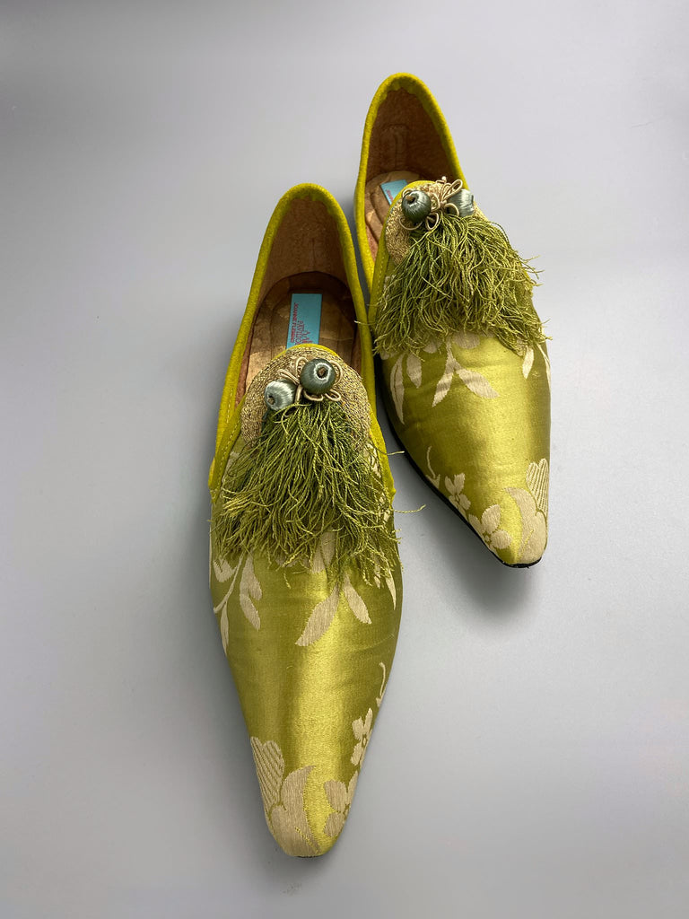 Green chartreuse silk damask pointed toe shoes with tassel fringe and gold Ottoman embroidered crescents. Bohemian styles sustainably created from antique textiles by the Pavilion Parade studio. 