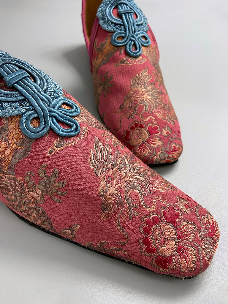 Rose pink Chinese dragon squared toe shoes with faded blue silk soutache frogged embellishment. Bohemian style sustainably created from antique textiles by the Pavilion Parade studio.