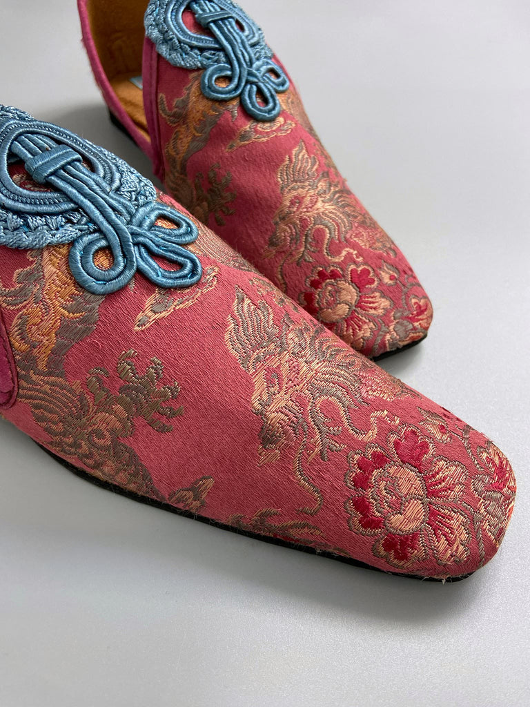 Rose pink Chinese dragon squared toe shoes with faded blue silk soutache frogged embellishment. Bohemian style sustainably created from antique textiles by the Pavilion Parade studio.