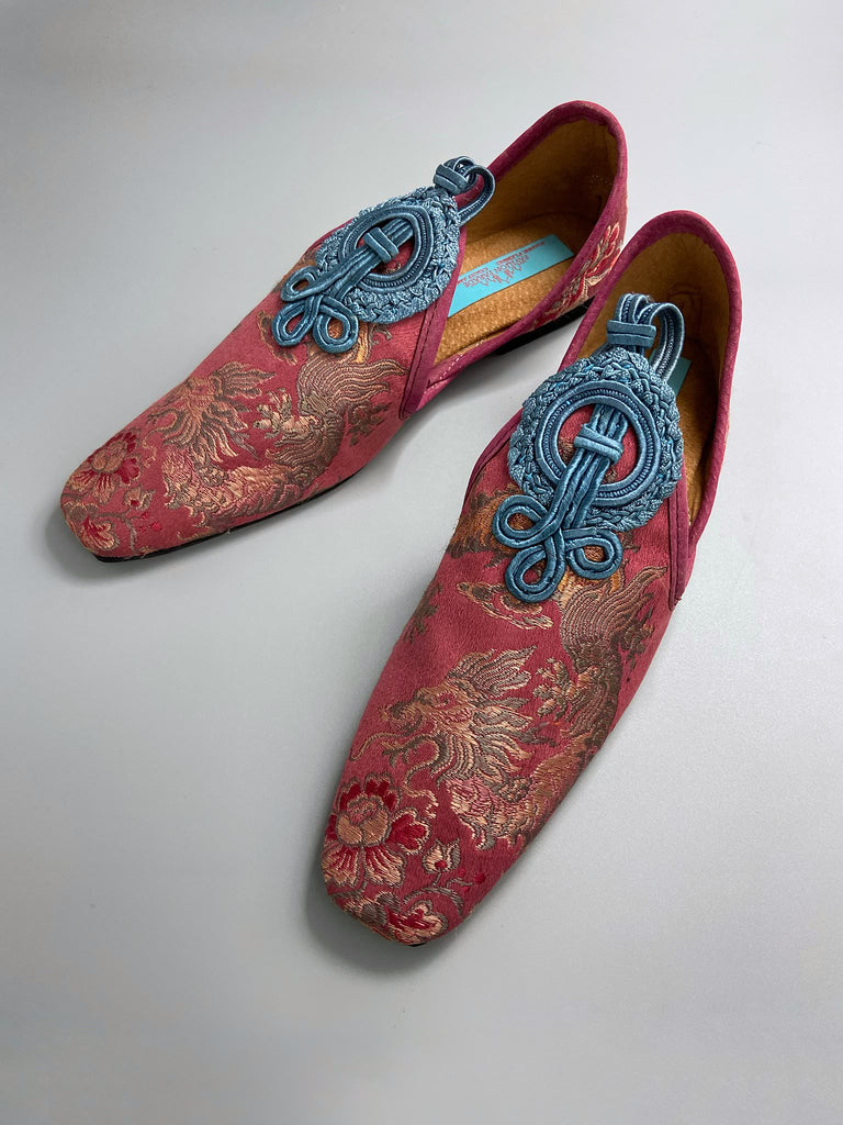 Rose pink Chinese dragon squared toe shoes with faded blue silk soutache frogged embellishment. Bohemian style sustainably created from antique textiles by the Pavilion Parade studio.