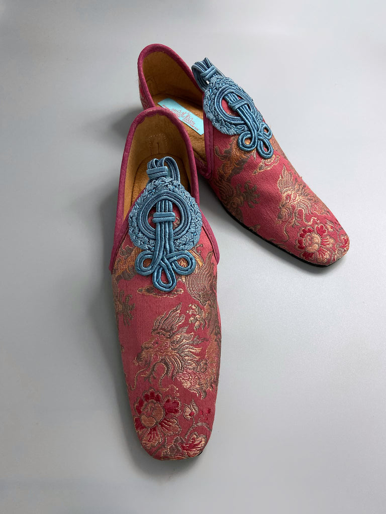 Rose pink Chinese dragon squared toe shoes with faded blue silk soutache frogged embellishment. Bohemian style sustainably created from antique textiles by the Pavilion Parade studio.