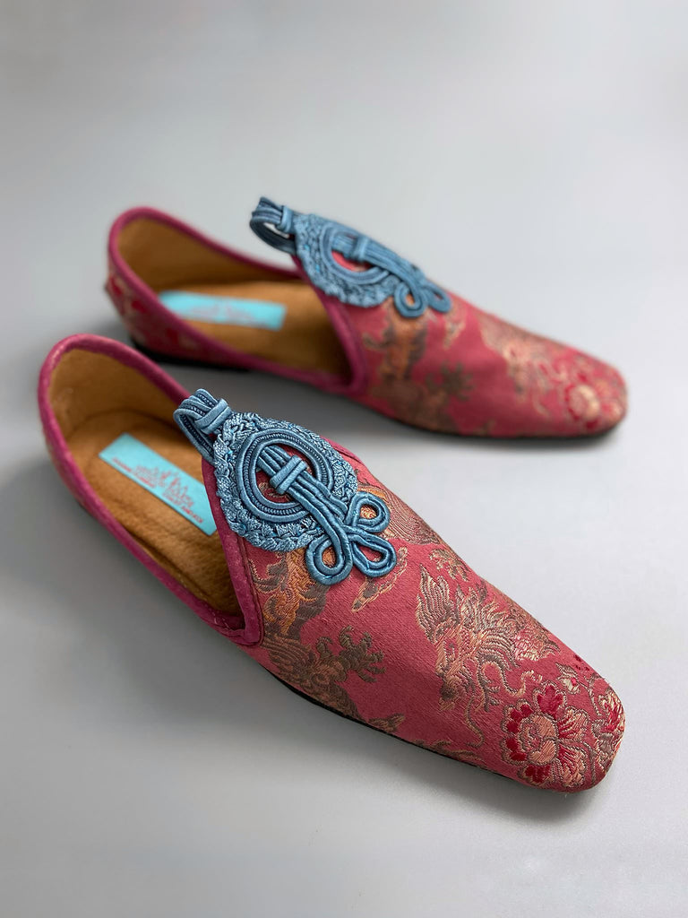 Rose pink Chinese dragon squared toe shoes with faded blue silk soutache frogged embellishment. Bohemian style sustainably created from antique textiles by the Pavilion Parade studio.