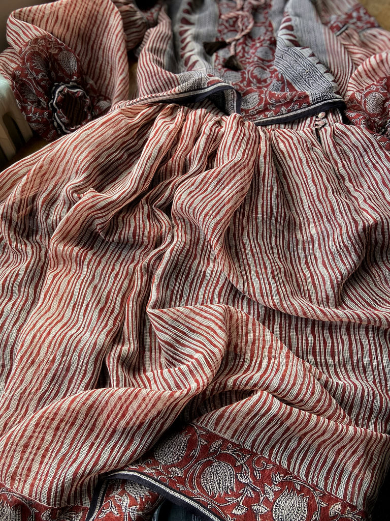 Fine semi sheer pure cotton block printed summer ensemble in cinnamon, black and ivory palette. Full sleeved peasant blouse and full dirndl skirt. Bohemian styles created from vintage textiles by Pavilion parade studio. 