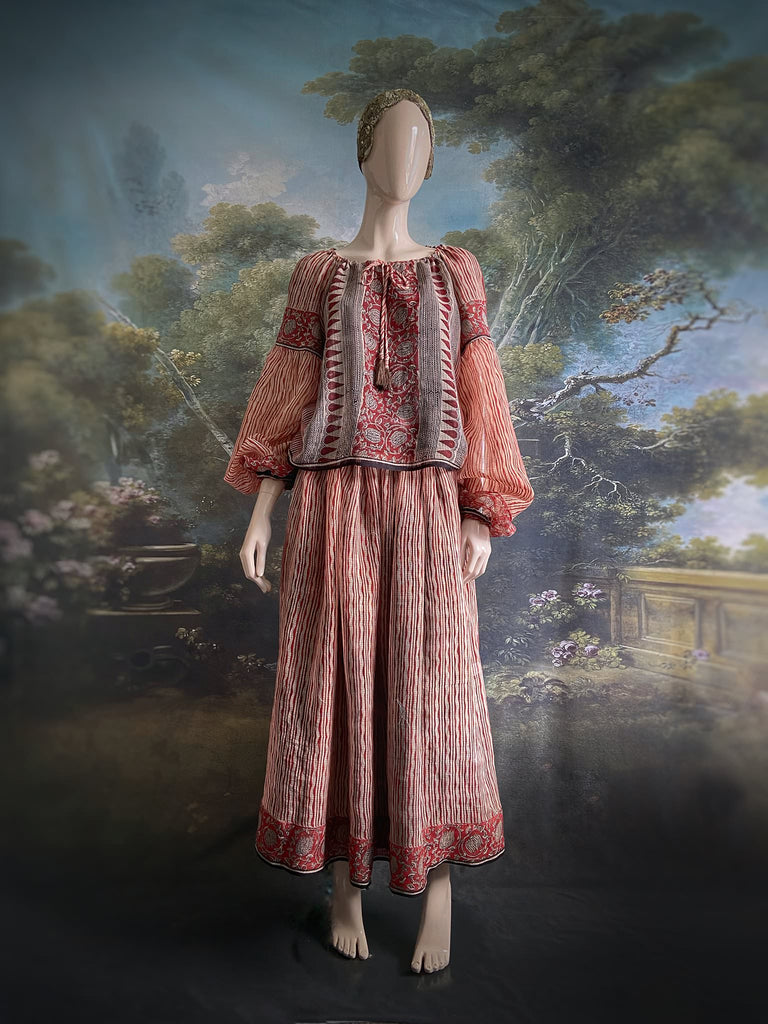 Fine semi sheer pure cotton block printed summer ensemble in cinnamon, black and ivory palette. Full sleeved peasant blouse and full dirndl skirt. Bohemian styles created from vintage textiles by Pavilion parade studio. 