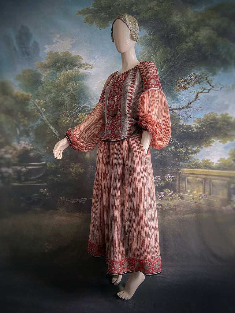 Fine semi sheer pure cotton block printed summer ensemble in cinnamon, black and ivory palette. Full sleeved peasant blouse and full dirndl skirt. Bohemian styles created from vintage textiles by Pavilion parade studio. 