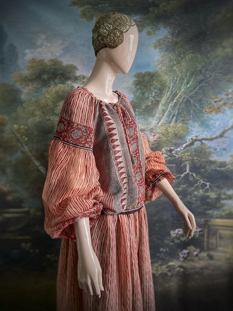 Fine semi sheer pure cotton block printed summer ensemble in cinnamon, black and ivory palette. Full sleeved peasant blouse and full dirndl skirt. Bohemian styles created from vintage textiles by Pavilion parade studio. 