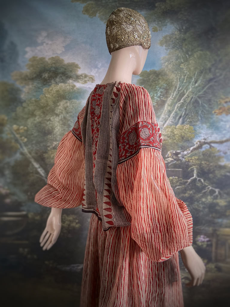 Fine semi sheer pure cotton block printed summer ensemble in cinnamon, black and ivory palette. Full sleeved peasant blouse and full dirndl skirt. Bohemian styles created from vintage textiles by Pavilion parade studio. 