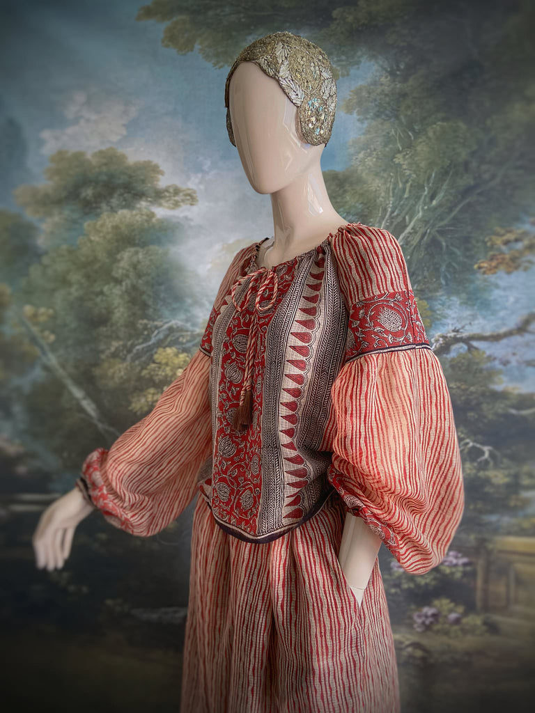 Fine semi sheer pure cotton block printed summer ensemble in cinnamon, black and ivory palette. Full sleeved peasant blouse and full dirndl skirt. Bohemian styles created from vintage textiles by Pavilion parade studio. 