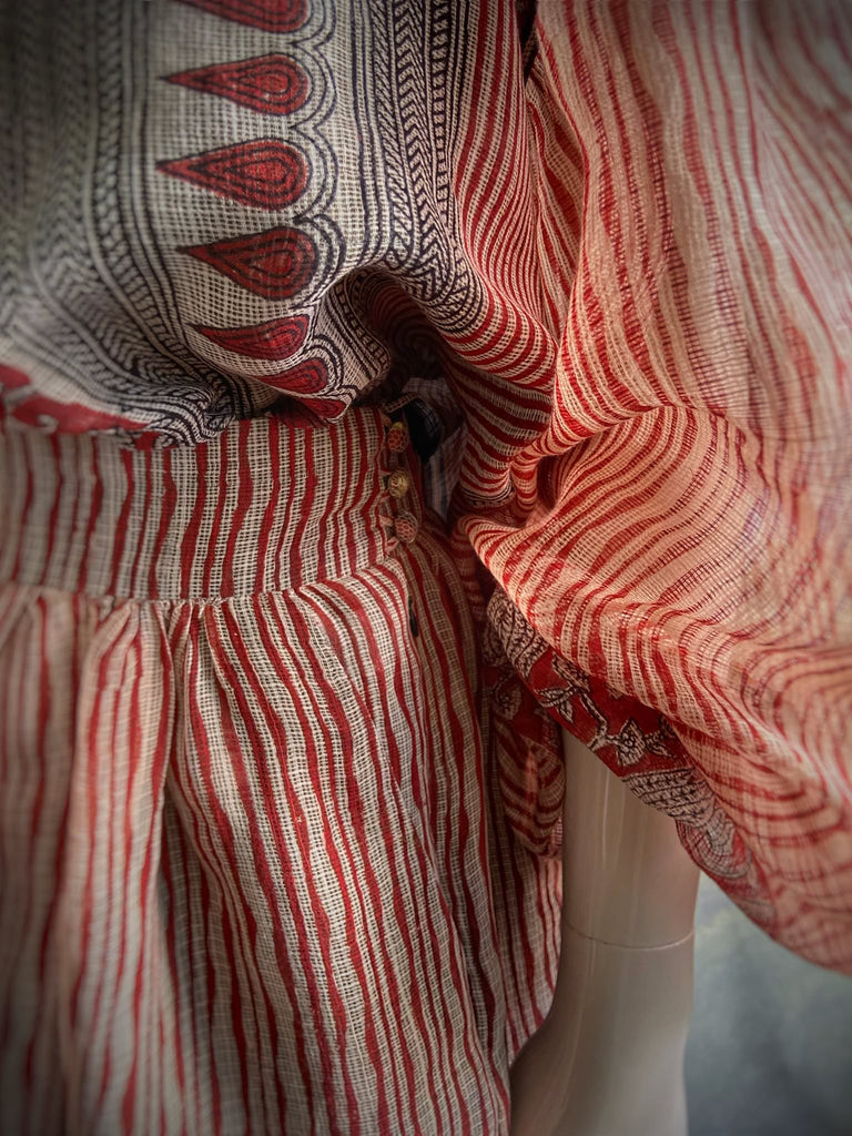 Fine semi sheer pure cotton block printed summer ensemble in cinnamon, black and ivory palette. Full sleeved peasant blouse and full dirndl skirt. Bohemian styles created from vintage textiles by Pavilion parade studio. 