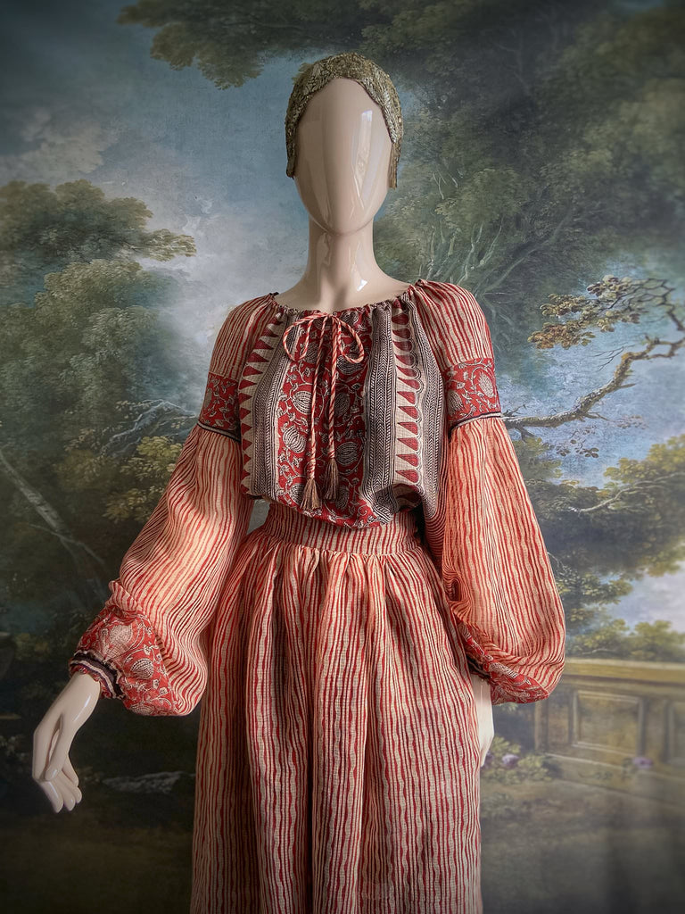 Fine semi sheer pure cotton block printed summer ensemble in cinnamon, black and ivory palette. Full sleeved peasant blouse and full dirndl skirt. Bohemian styles created from vintage textiles by Pavilion parade studio. 