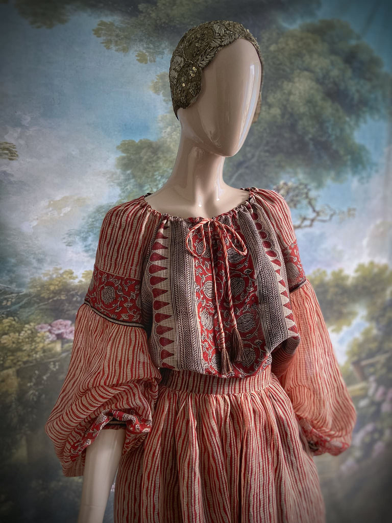 Fine semi sheer pure cotton block printed summer ensemble in cinnamon, black and ivory palette. Full sleeved peasant blouse and full dirndl skirt. Bohemian styles created from vintage textiles by Pavilion parade studio. 