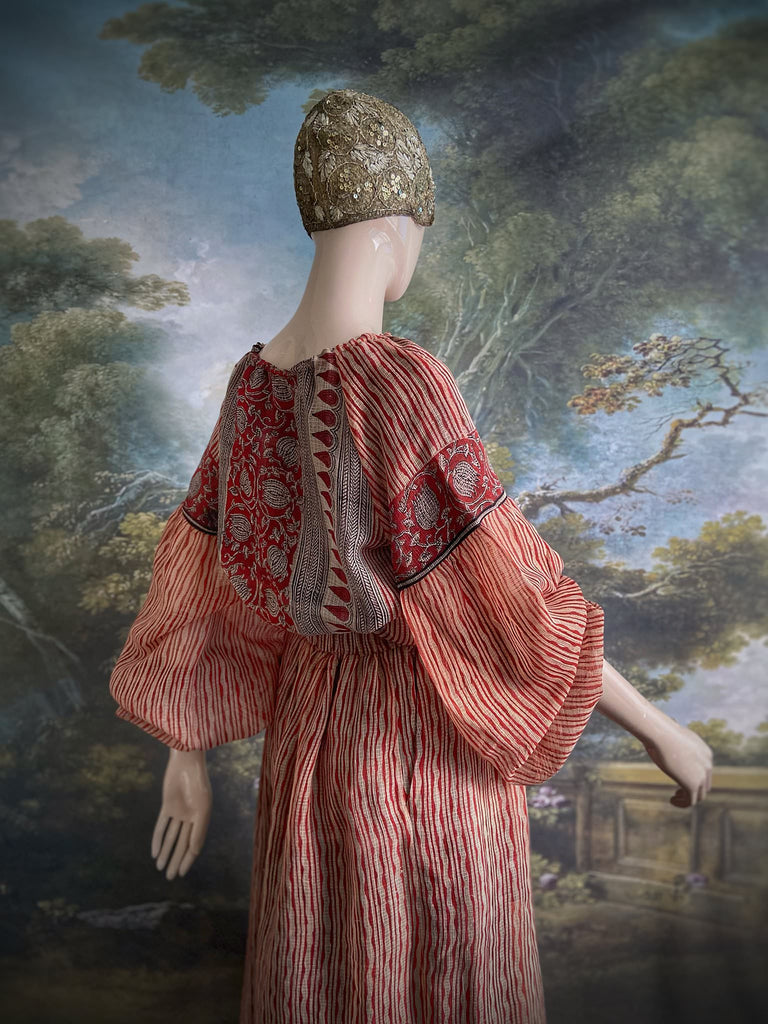 Fine semi sheer pure cotton block printed summer ensemble in cinnamon, black and ivory palette. Full sleeved peasant blouse and full dirndl skirt. Bohemian styles created from vintage textiles by Pavilion parade studio. 