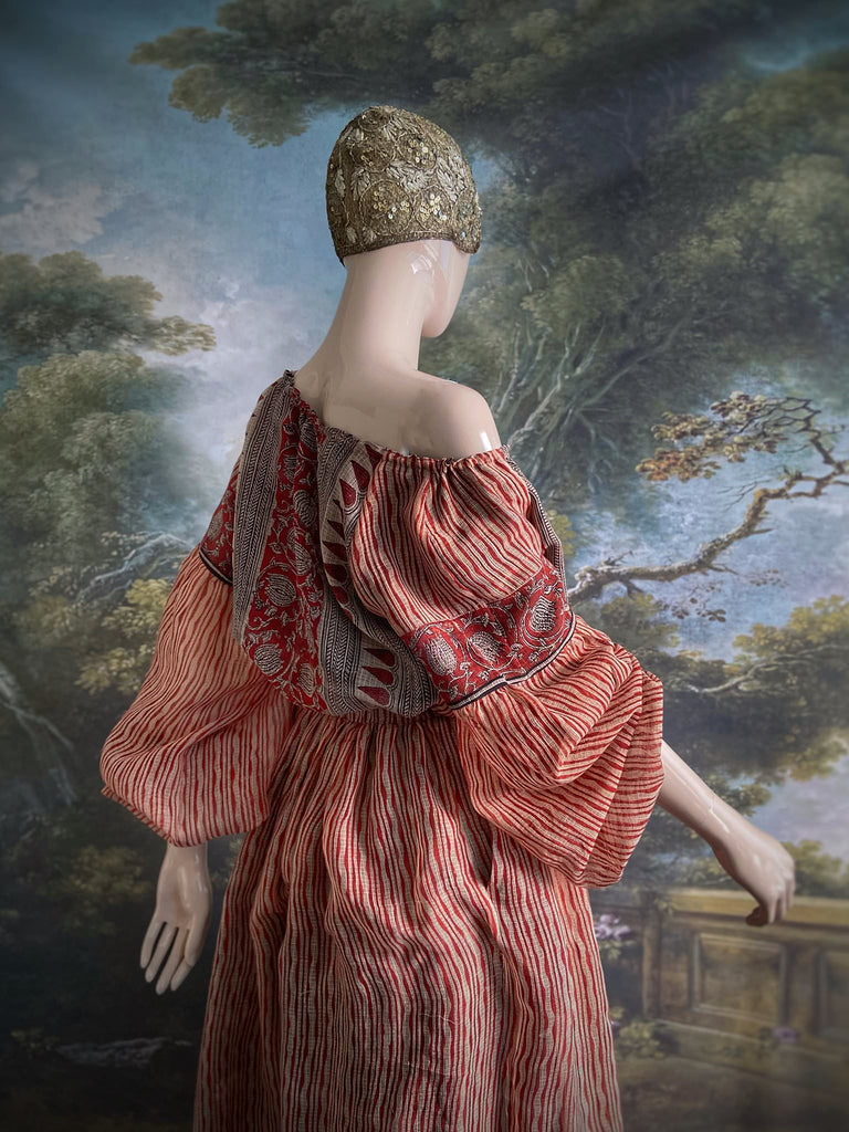 Fine semi sheer pure cotton block printed summer ensemble in cinnamon, black and ivory palette. Full sleeved peasant blouse and full dirndl skirt. Bohemian styles created from vintage textiles by Pavilion parade studio. 