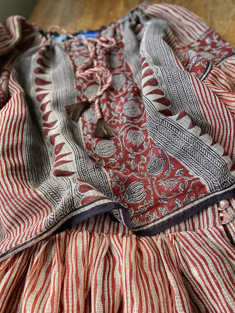 Fine semi sheer pure cotton block printed summer ensemble in cinnamon, black and ivory palette. Full sleeved peasant blouse and full dirndl skirt. Bohemian styles created from vintage textiles by Pavilion parade studio. 