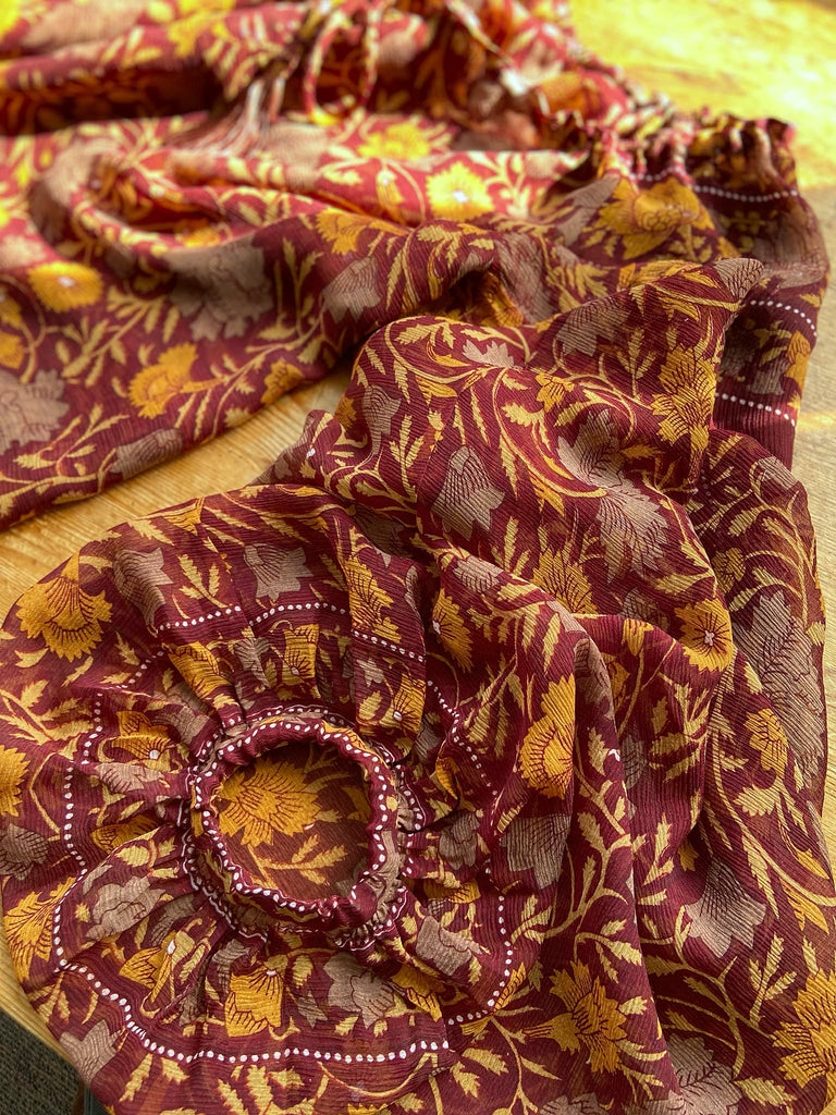 Cinnamon and saffron silk georgette blouse with long full sleeves and adjustable drawstring neckline. Bohemian styles sustainably created from antique and vintage textiles by the Pavilion Parade studio. 