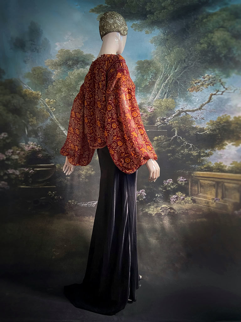 Cinnamon and saffron silk georgette blouse with long full sleeves and adjustable drawstring neckline. Bohemian styles sustainably created from antique and vintage textiles by the Pavilion Parade studio. 