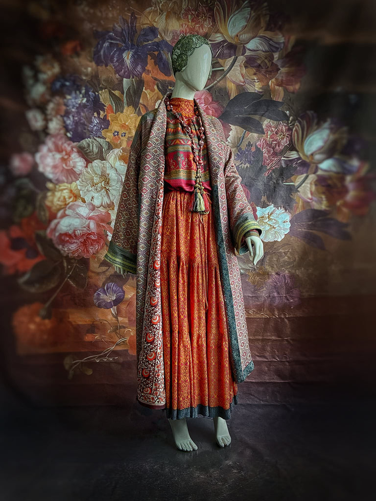 Rosewood fine wool dressing robe with silk lining and tassel sash. Bohemian style created from vintage textiles by Pavilion Parade 