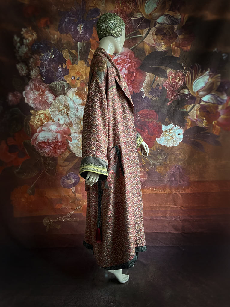Rosewood fine wool dressing robe with silk lining and tassel sash. Bohemian style created from vintage textiles by Pavilion Parade 