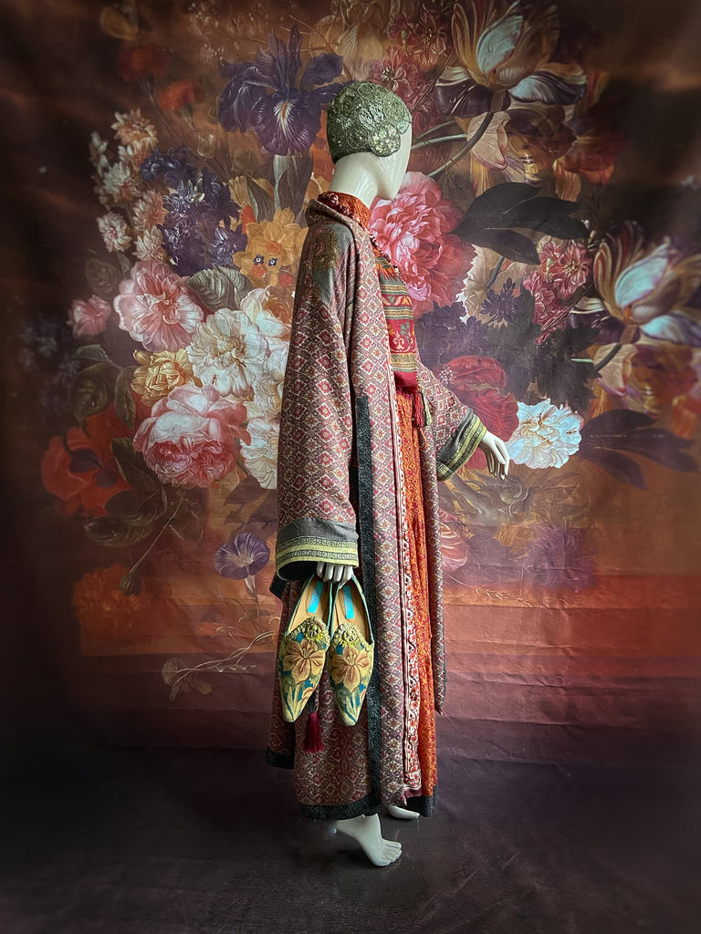 Rosewood fine wool dressing robe with silk lining and tassel sash. Bohemian style created from vintage textiles by Pavilion Parade 