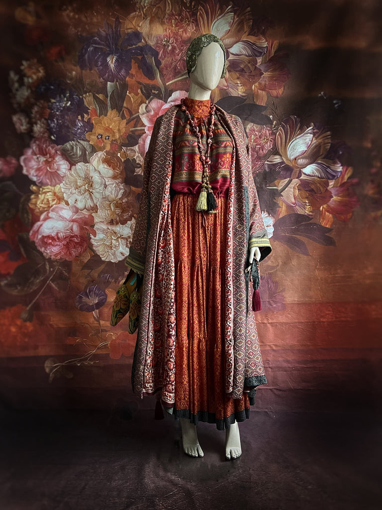 Rosewood fine wool dressing robe with silk lining and tassel sash. Bohemian style created from vintage textiles by Pavilion Parade 