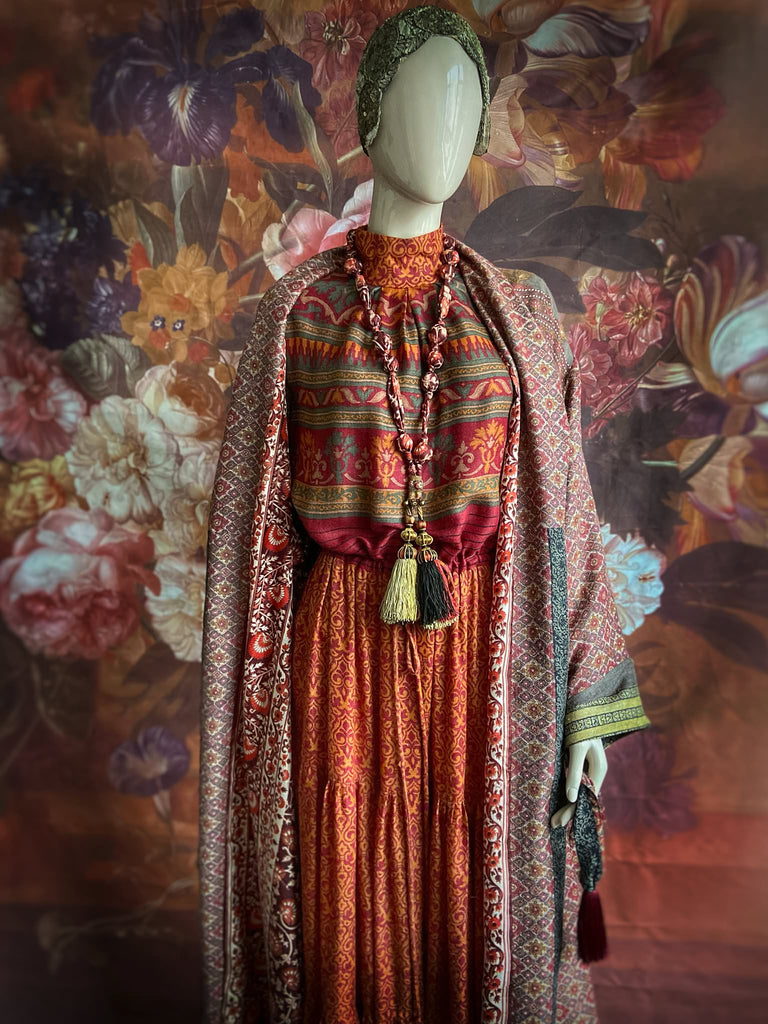 Rosewood fine wool dressing robe with silk lining and tassel sash. Bohemian style created from vintage textiles by Pavilion Parade 