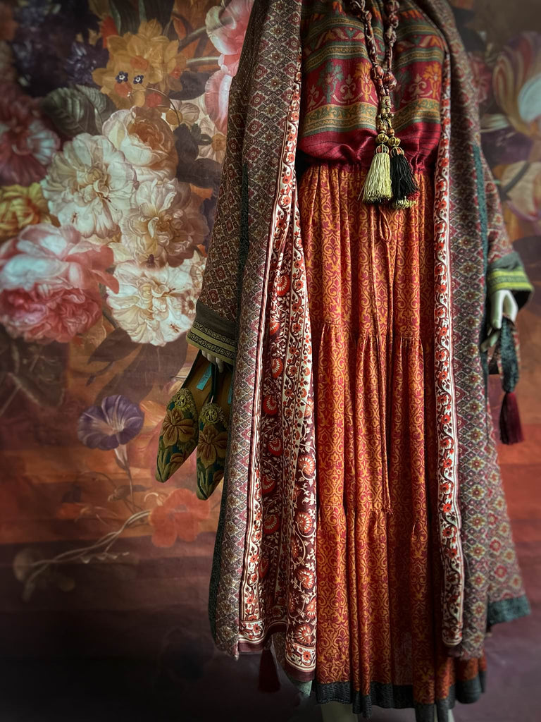 Rosewood fine wool dressing robe with silk lining and tassel sash. Bohemian style created from vintage textiles by Pavilion Parade 