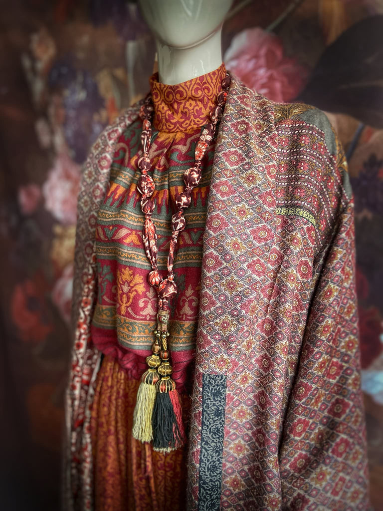 Aesthetic Movement inspired long silk sautoir necklace with antique tassel embellishment. Bohemian style from vintage textiles by Pavilion Parade. 