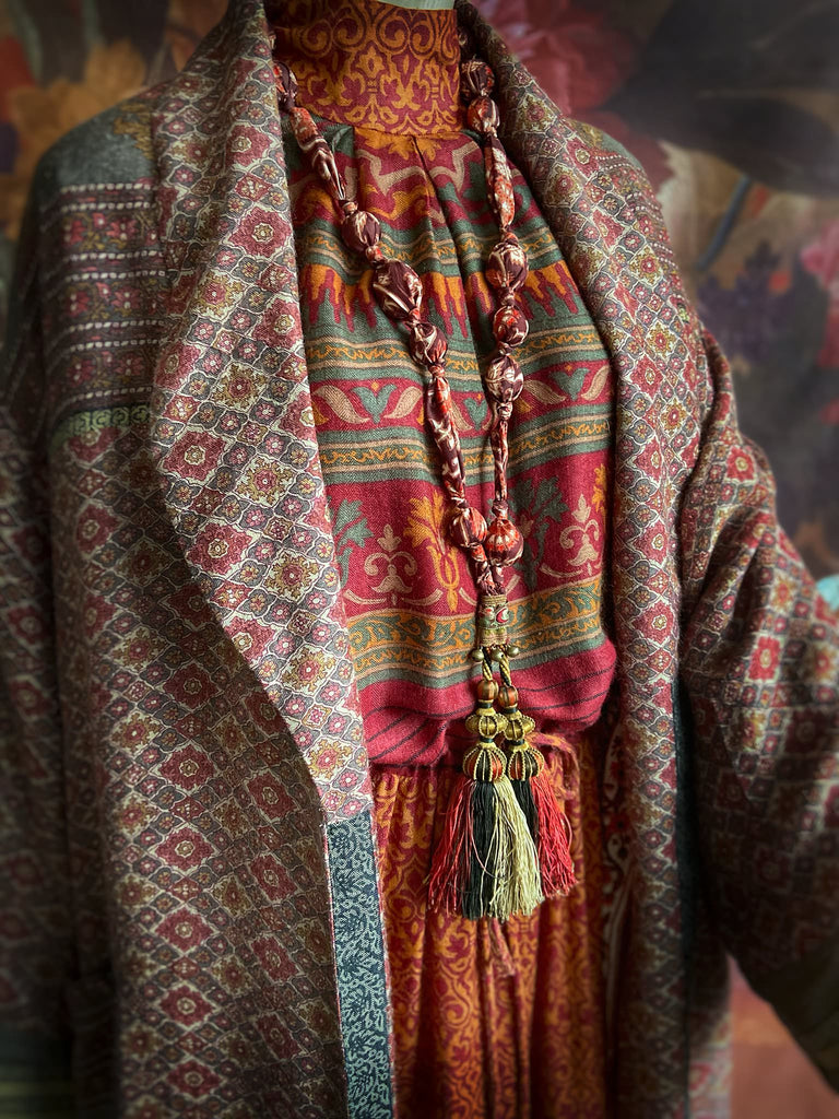 Aesthetic Movement inspired long silk sautoir necklace with antique tassel embellishment. Bohemian style from vintage textiles by Pavilion Parade. 