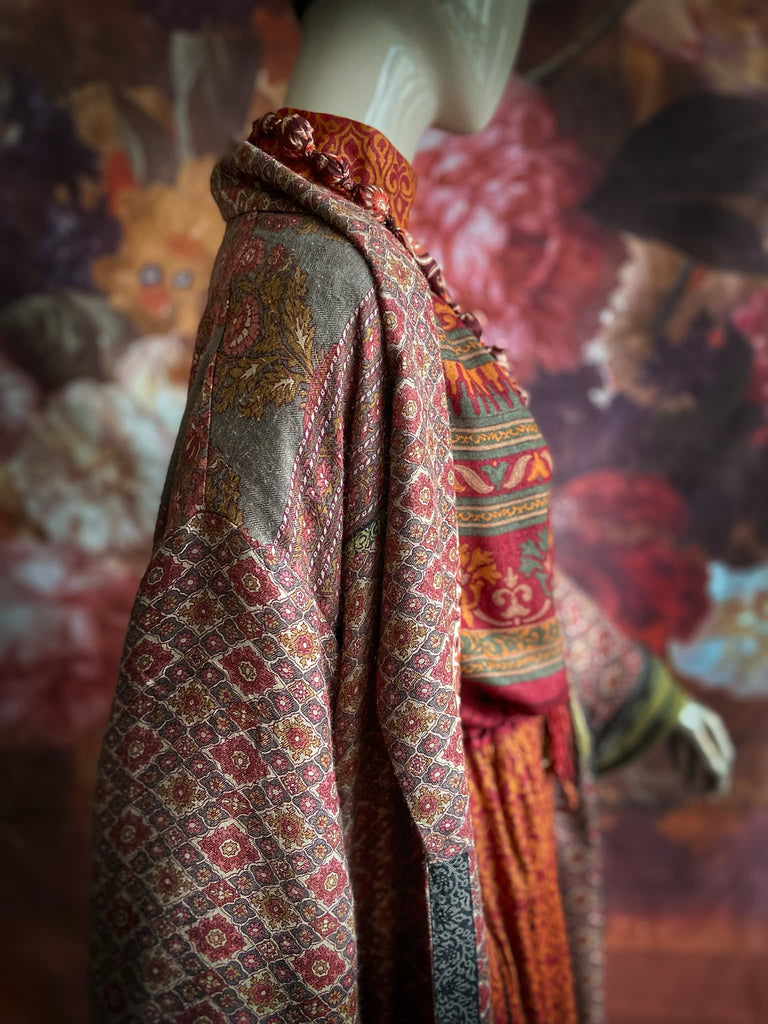 Rosewood fine wool dressing robe with silk lining and tassel sash. Bohemian style created from vintage textiles by Pavilion Parade 