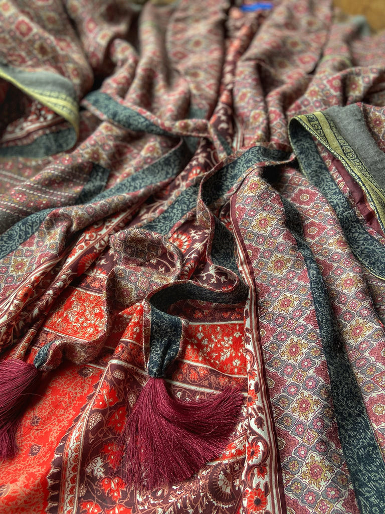 Rosewood fine wool dressing robe with silk lining and tassel sash. Bohemian style created from vintage textiles by Pavilion Parade 