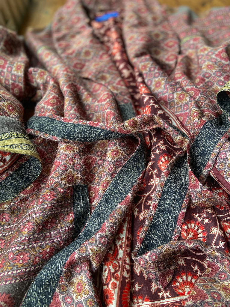 Rosewood fine wool dressing robe with silk lining and tassel sash. Bohemian style created from vintage textiles by Pavilion Parade 