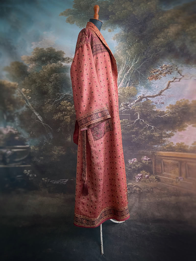 Cinnamon, pumpkin, and soot silk and wool robe with wide sleeves, tassel sash, and deep pockets. Unique bohemian styles sustainably created from vintage textiles by the Pavilion Parade studio.