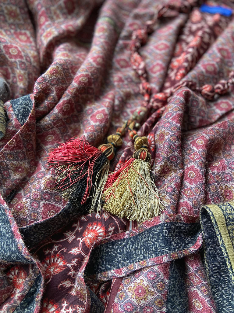 Aesthetic Movement inspired long silk sautoir necklace with antique tassel embellishment. Bohemian style from vintage textiles by Pavilion Parade. 