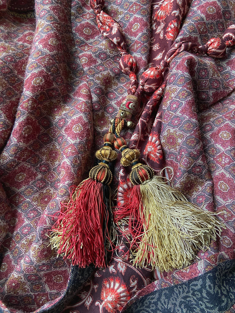 Aesthetic Movement inspired long silk sautoir necklace with antique tassel embellishment. Bohemian style from vintage textiles by Pavilion Parade. 